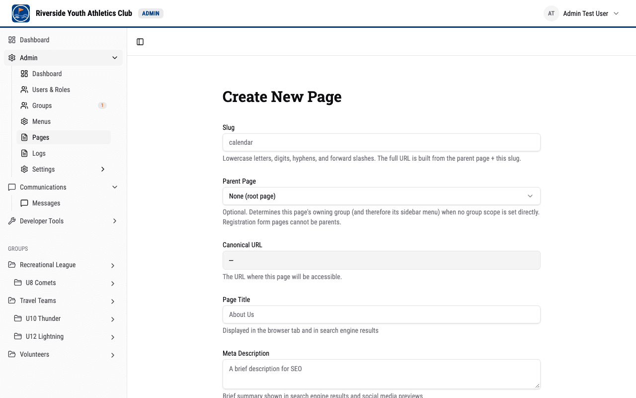 Creating a new page