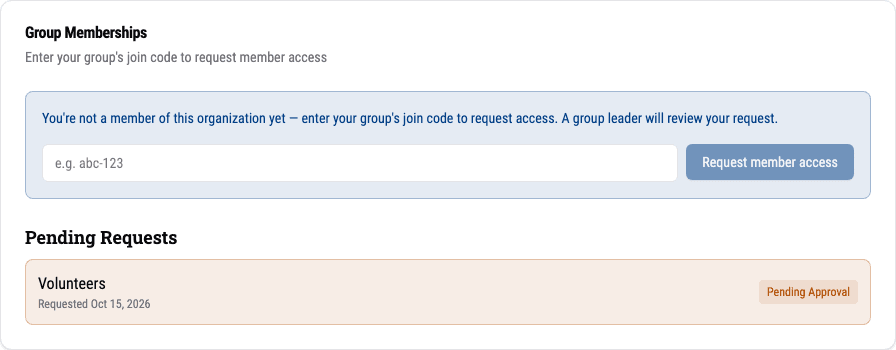 The Group Memberships card for someone who isn't a member yet, with the join-code prompt, the code input and the Request member access button